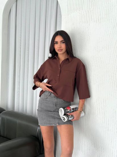 Crop Yakalı Gömlek Üç Çeyrek Sleeve Kol - Kahverengi resmi